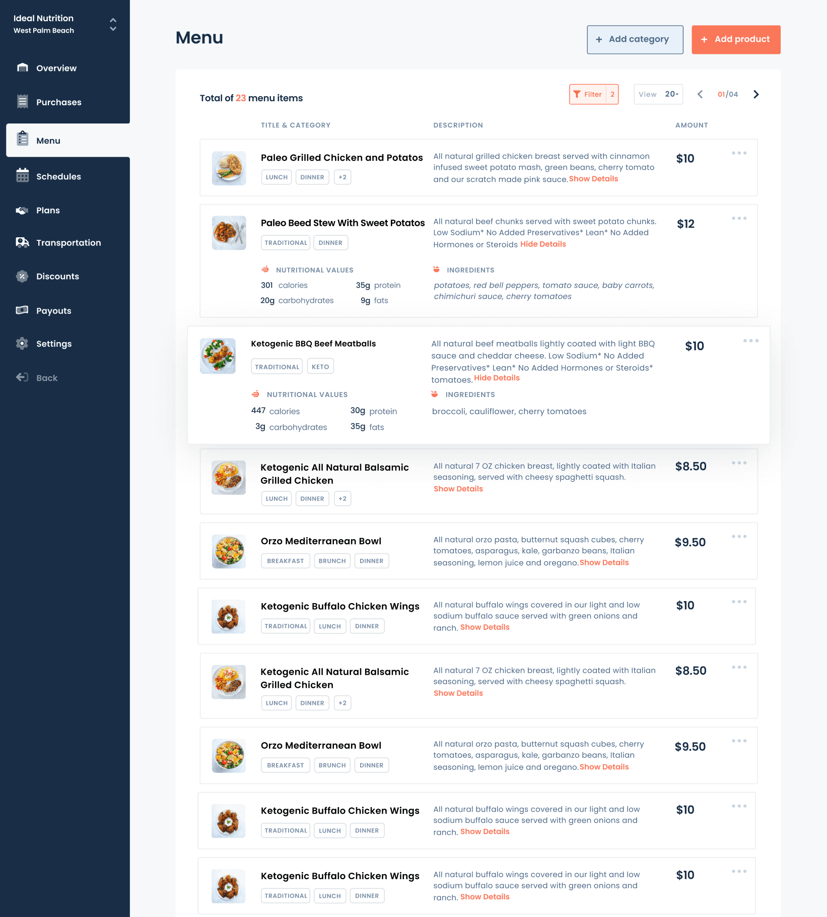 The Menu tab, listing products with their categories, descriptions and prices.