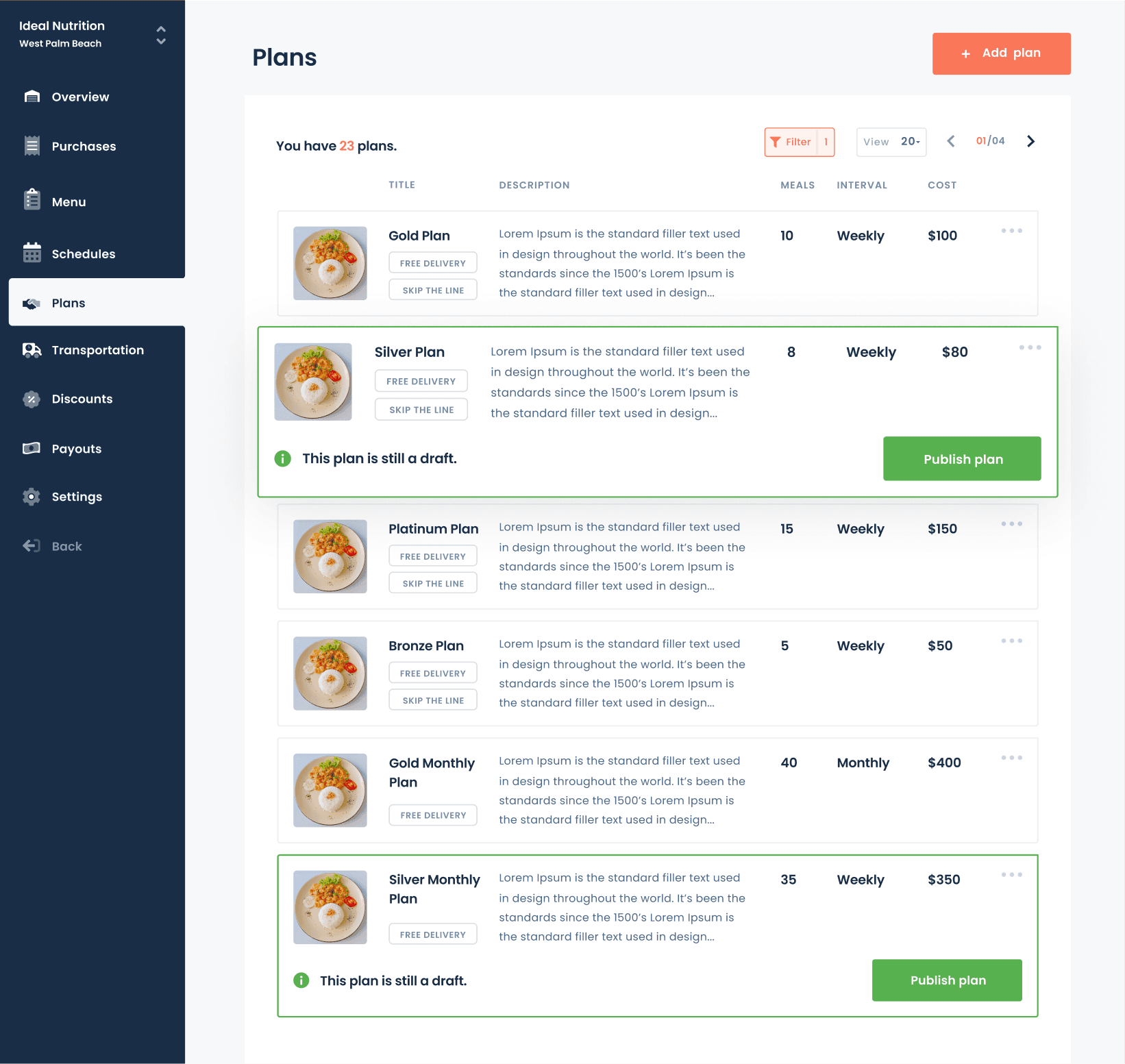 The Plans tab, listing meal plans with their meals, interval and price.