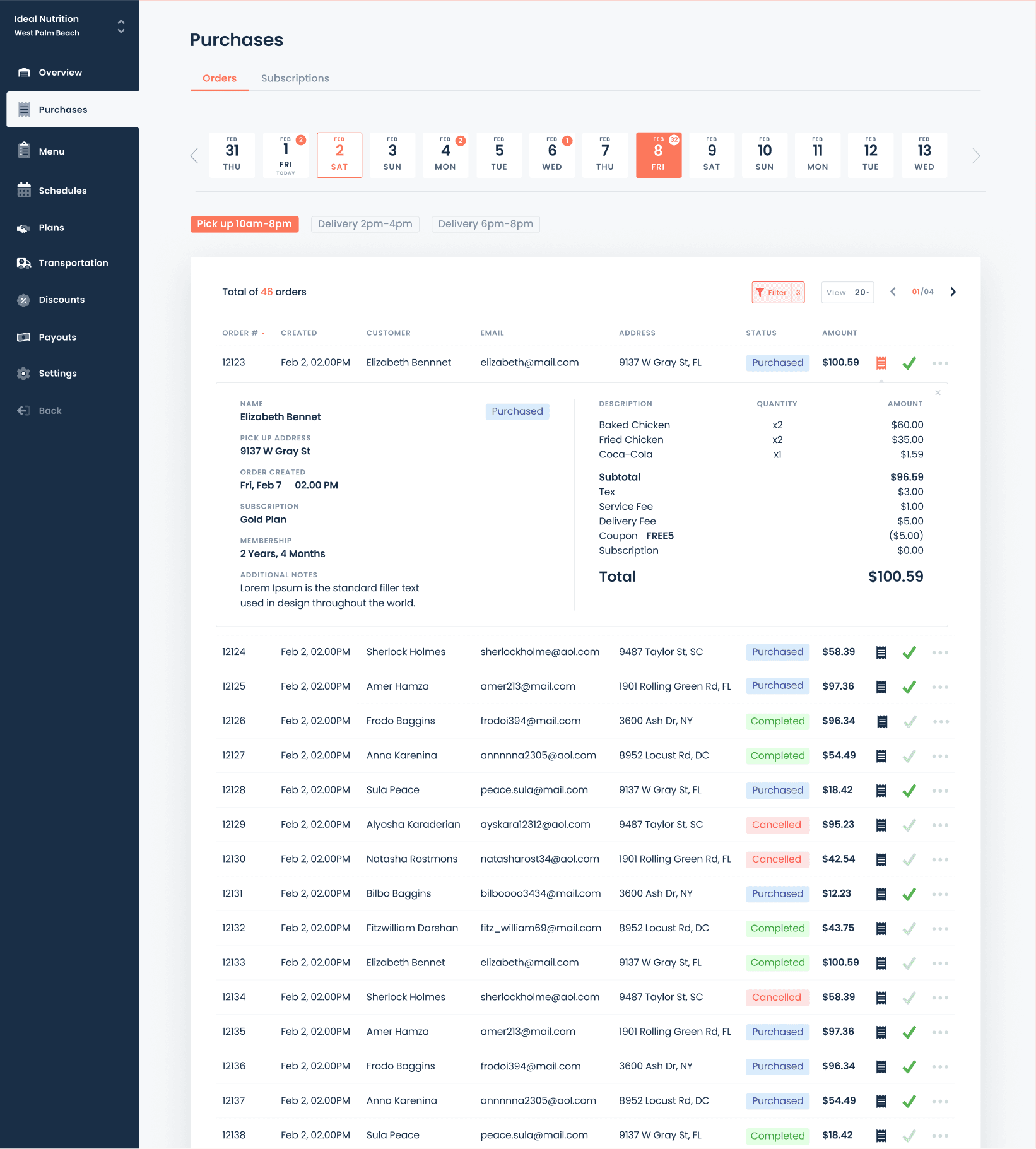 The Purchases tab, listing one cooking day's orders with one opened to show its items and total.