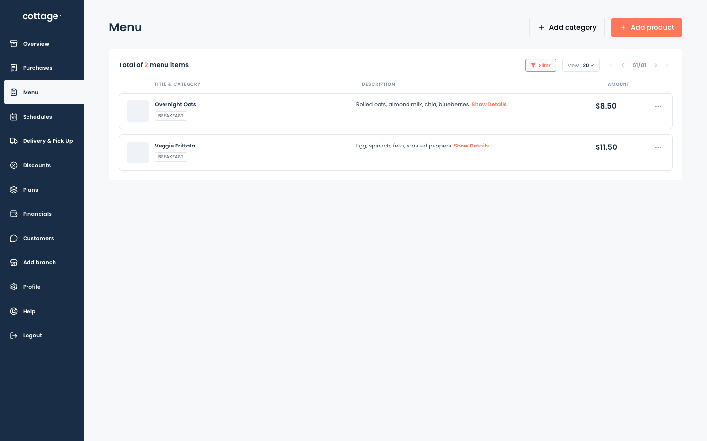 The Menu tab, listing products with their categories, descriptions and prices.