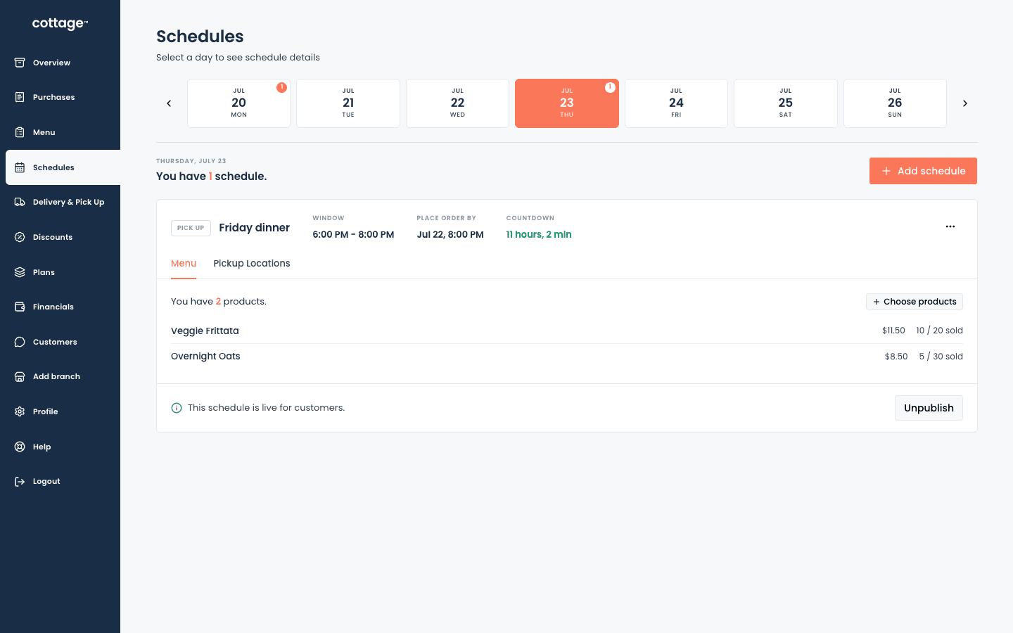 The Schedules tab, showing a week of cooking days and one day's collection window.